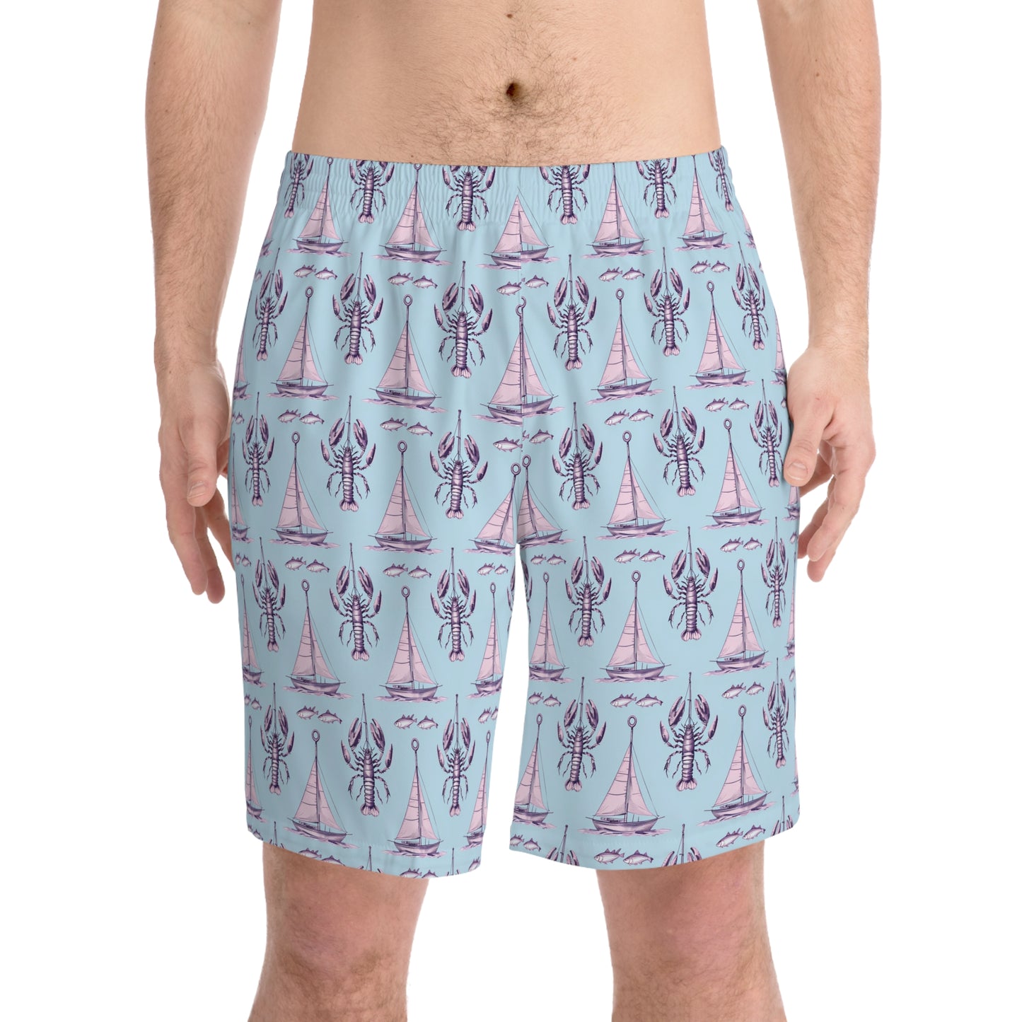 Lobster Print Beach Shorts, Summer Swimwear, Vacation Essentials, Men's Casual Shorts, Nautical Theme Swim Trunks